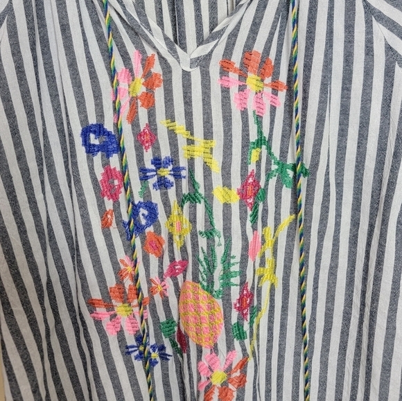 See & Be Seen | Boho Striped Top with Colorful Floral Embroidery Tassel Hem - Picture 5 of 6